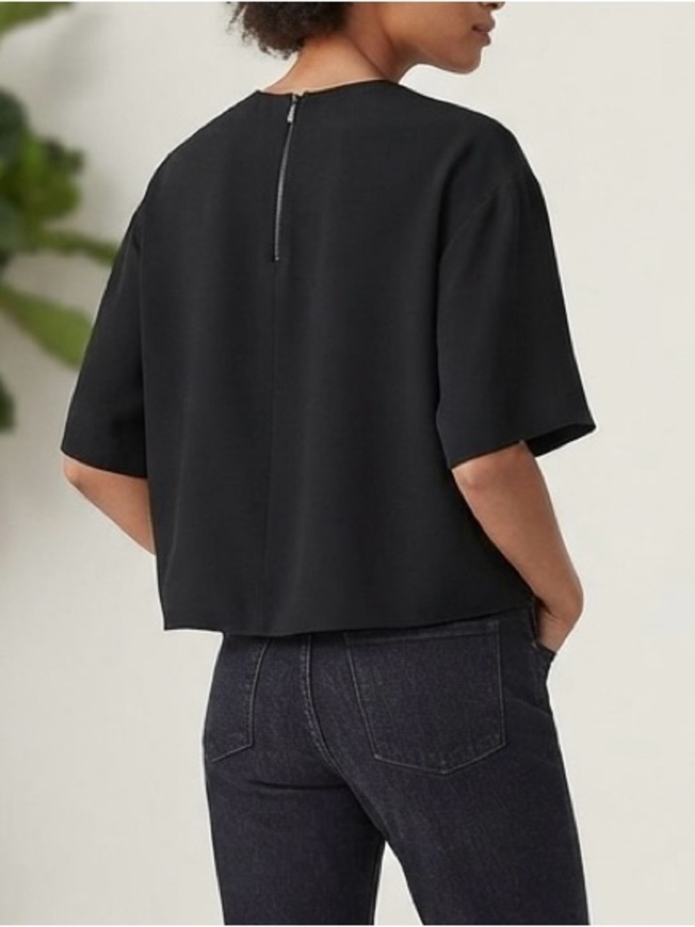 Vince Black Boxy Short-Sleeve Crewneck Top with Back Zip